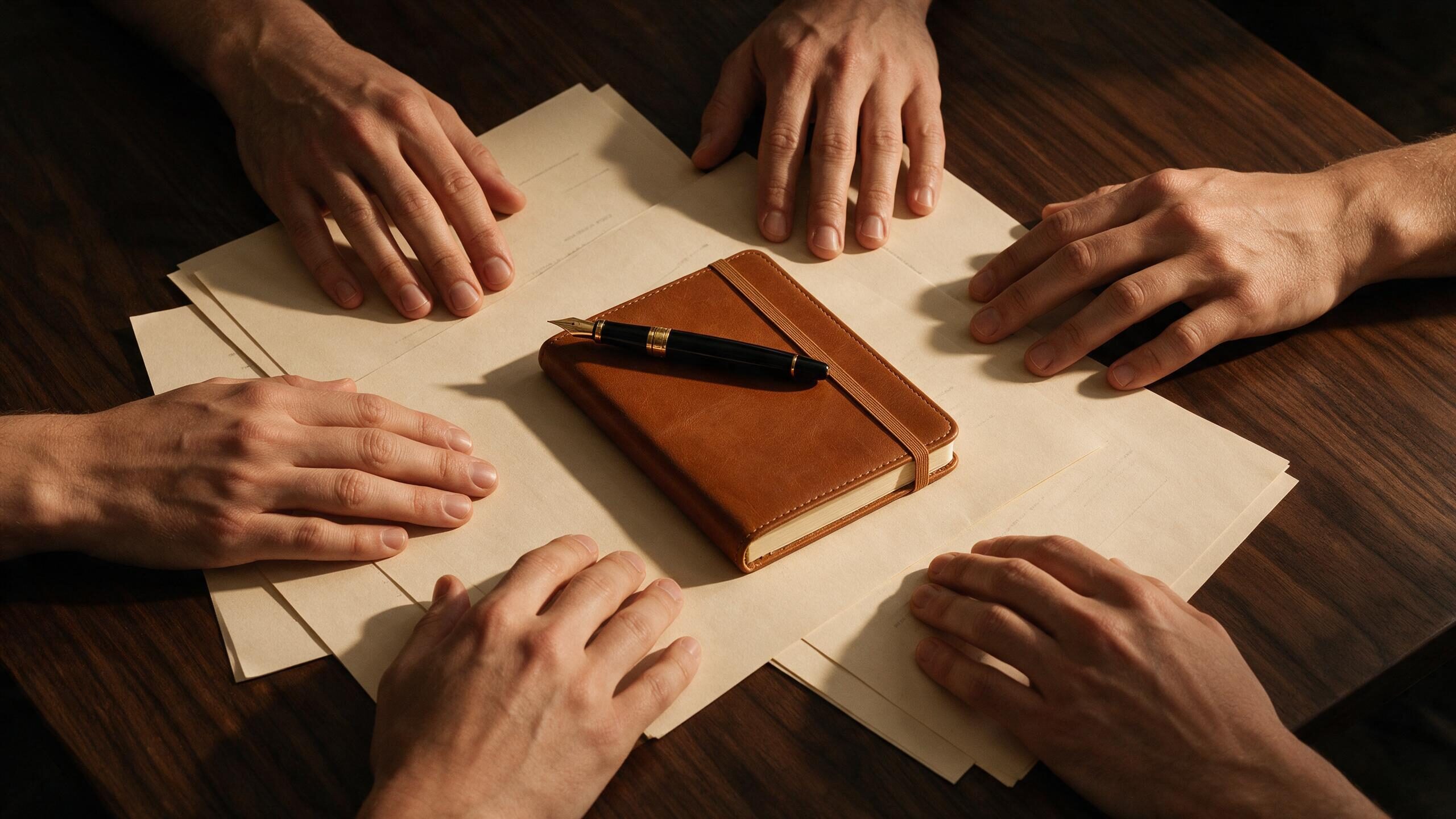 Manos de varias personas apoyadas sobre la mesa de una reunión, alrededor de documentos y un cuaderno